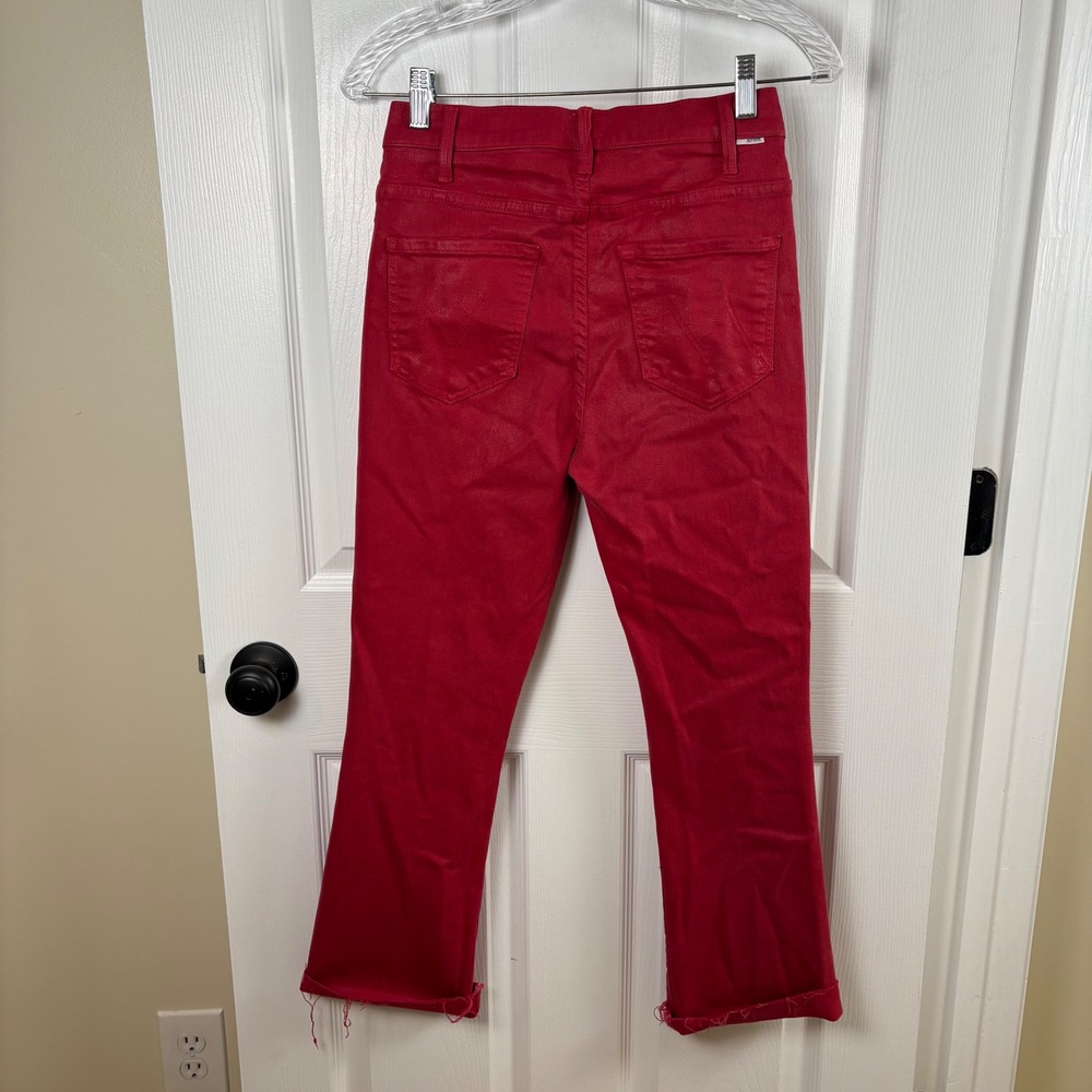 Mother The Hustler Ankle Fray Jeans 27 Red High-Rise Flare Raw Hem Coated Denim - Picture 8 of 10